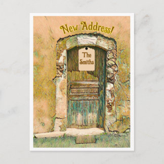 CARTE POSTALE NOUS AVONS DÉMÉNAGÉ ! PORTE EN BOIS PEINT RUSTIQU