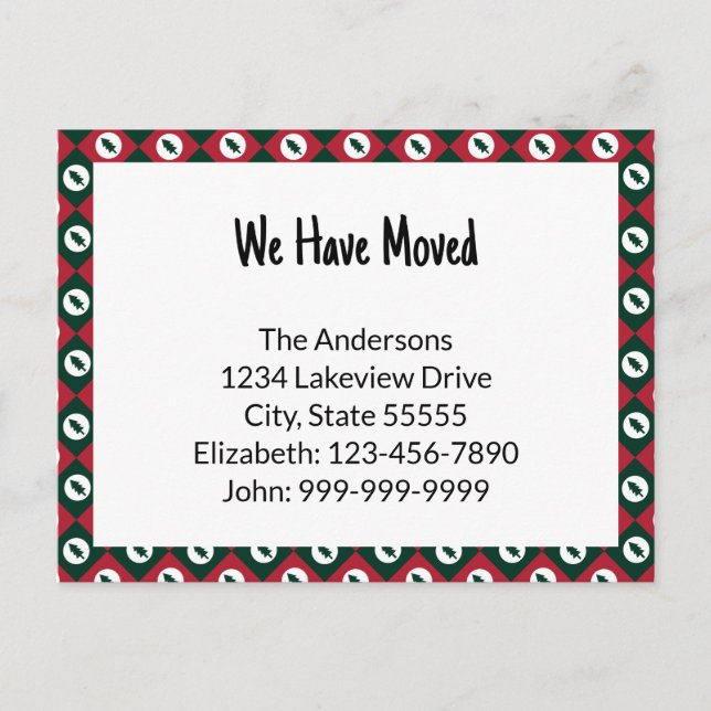 Carte Postale Nous Avons Déménagé Rouge Vert Motif de Noël (Devant)