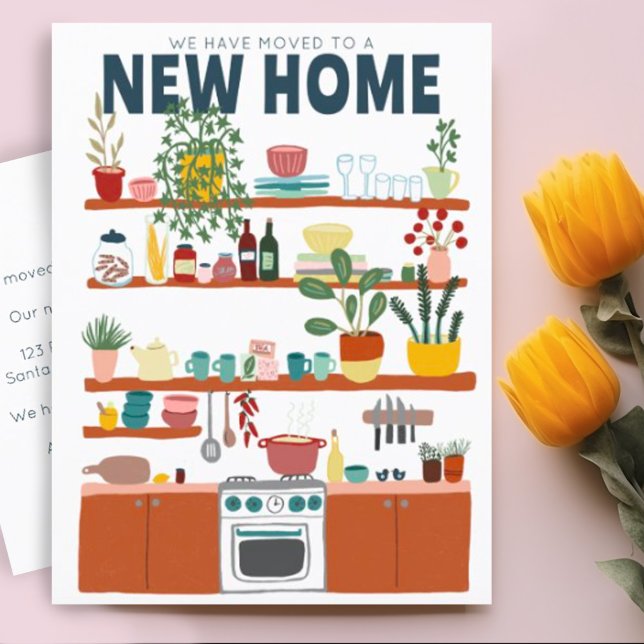 Carte Postale Nous Avons Déplacé Adresse Changer Cute Kitchen Ar (Moving announcement address change postcard with charming kitchen illustration. Add your own details)