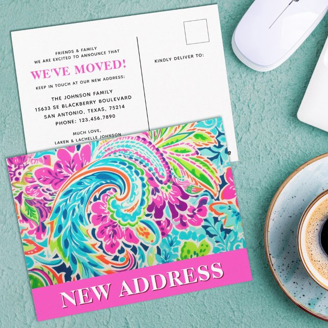 Carte Postale Nous avons déplacé le changement d'adresse Faire-p (A cute watercolor paisley new address moving card. Personalize it with your details.)