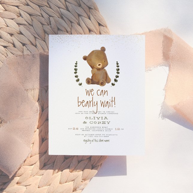 Carte Postale Nous pouvons attendre l'ours Wreath & Gold Baby sh (Créateur téléchargé)