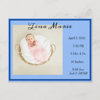 Carte Postale Nouveau bébé Faire-part de naissance photo bleue
