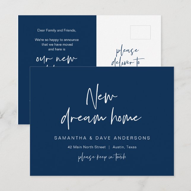Carte Postale Nouveau Dream Home Adresse Faire-part, Modern Navy (Devant / Derrière)