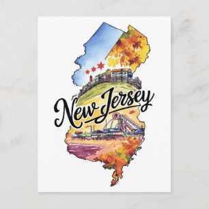 Carte Postale Nouveau Jersey USA État Forme Aquarelle Vintage