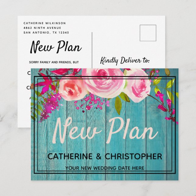 Carte Postale Nouveau plan Rustique Bleu Mariage Floral Reporté (Devant / Derrière)