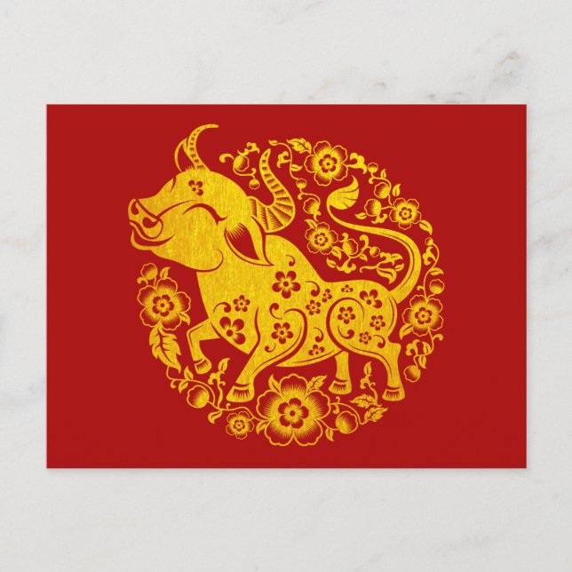 Carte Postale Nouvel An chinois 2021 de l'or floral Ox (Devant)
