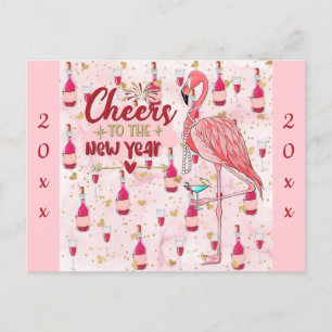 Carte Postale Nouvel An Flamant rose rose mignon Champagne