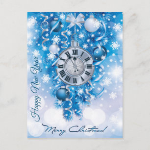 Carte Postale Nouvel An Horloge Bleu en blanc Joyeux Noël