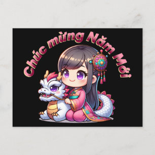Carte Postale Nouvel An vietnamien fille et dragon