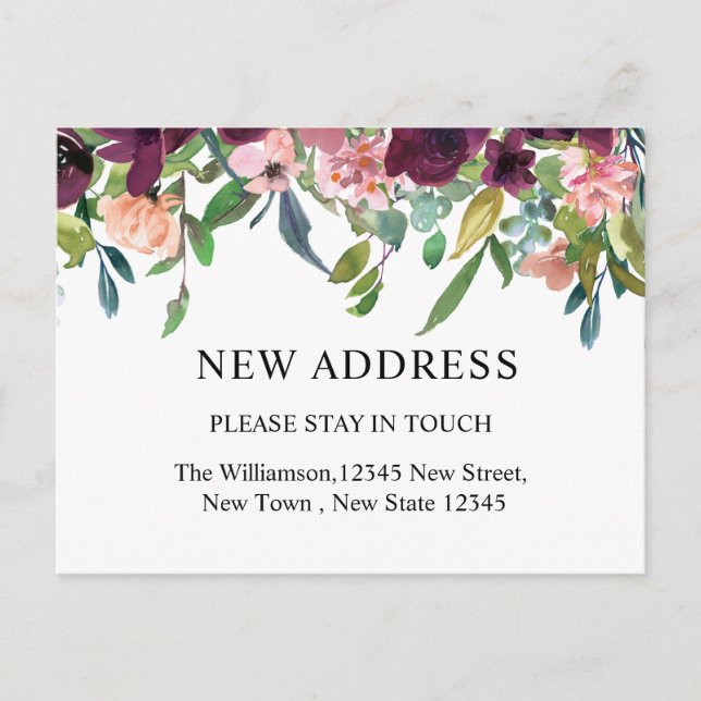 Carte Postale Nouvelle adresse | Aquarelle Florale et Verdure (Devant)
