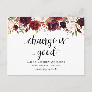 Carte Postale Nouvelle adresse, bordeaux floral, Faire-part