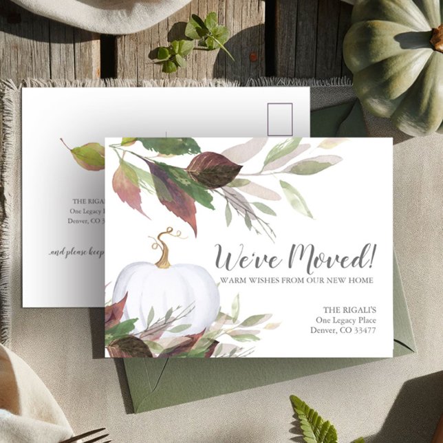 Carte Postale Nouvelle adresse Changement d'adresse Faire-part d (Change of address postcard fall leaves and white pumpkin)