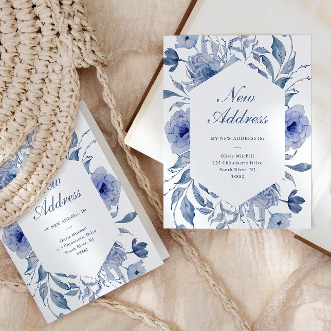 Carte Postale Nouvelle adresse | Dusty Blue Chinoiserie Floral (Créateur téléchargé)