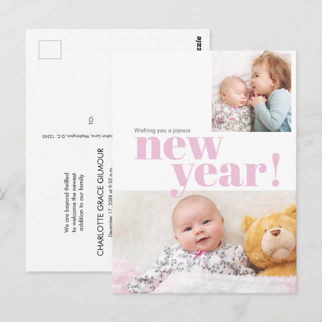 Carte Postale Nouvelle Année Moderne Bébé Fille Rose Photo de Na (Devant / Derrière)