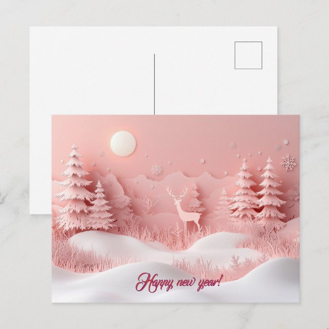 Carte Postale Nouvelle année rose Forêt neigeuse (Devant / Derrière)
