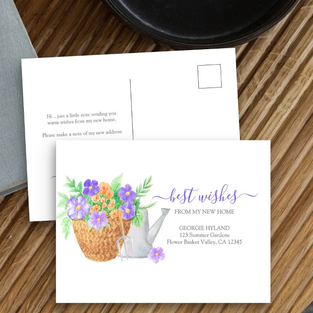 Carte Postale Nouvelle maison Jardin Flower Planter Moving Faire (New Address postcard with garden basket of flowers)