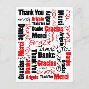 Carte Postale Nuage de mots Merci noir et rouge