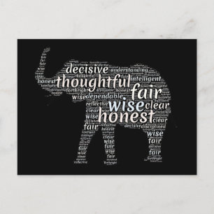 Carte Postale Nuage de mots sur les qualités de l'éléphant