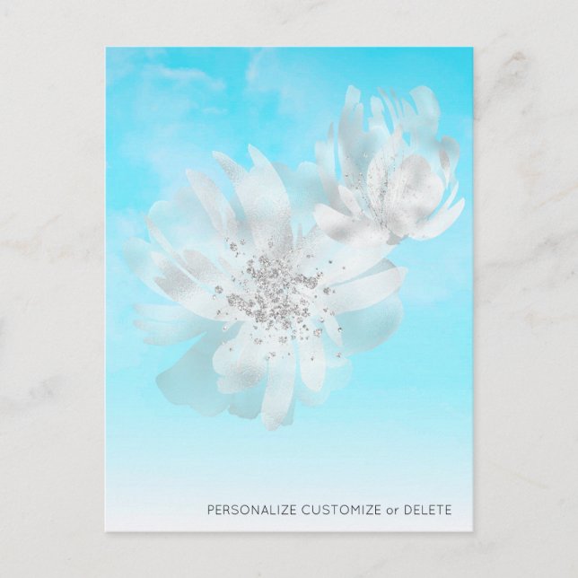Carte Postale *~* Nuages Fleurs Paillettes Ombré Bleu Ciel (Devant)