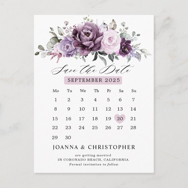 Carte Postale Nuances de Dusty Purple Calendrier Enregistrer la  (Devant)