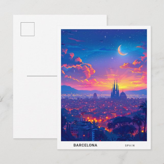 Carte Postale Nuit à Barcelone Espagne Voyage (Devant / Derrière)