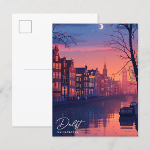 Carte Postale Nuit à Delft Pays-Bas Vintage voyage