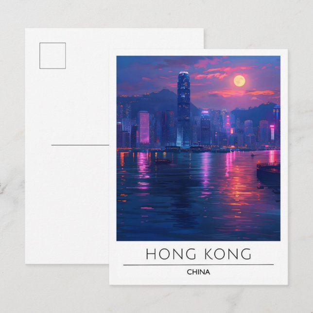 Carte Postale Nuit à Hong Kong Chine Voyage (Devant / Derrière)