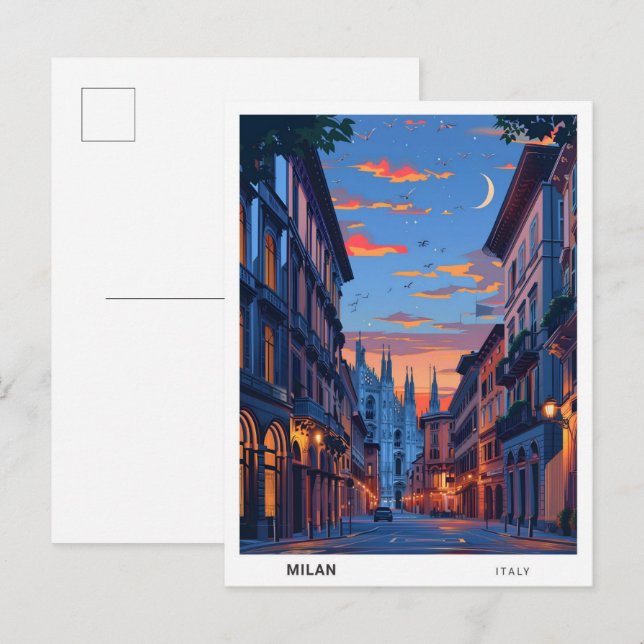Carte Postale Nuit à Milan Italie Voyage (Devant / Derrière)