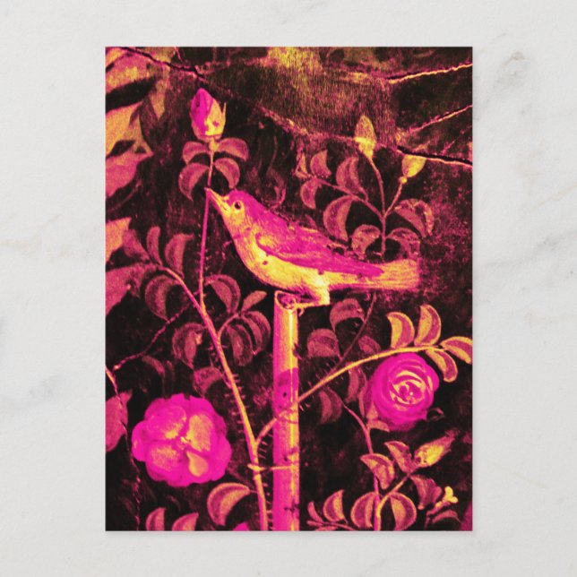 Carte Postale NUIT AVEC ROSES, Rose Fuchsia Noir Jaune (Devant)
