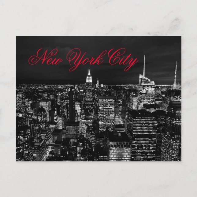 Carte Postale Nuit de New York noir et blanc rouge Script (Devant)