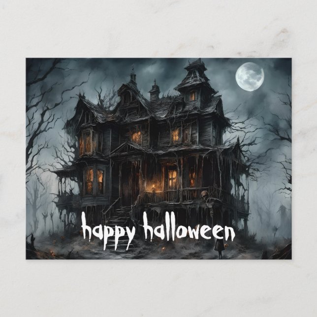 Carte Postale Nuit effrayante d'Halloween avec corbeau (Devant)