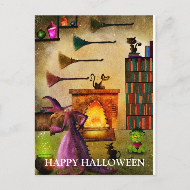 Carte Postale Nuit effrayante d'Halloween avec sorcière (Devant)