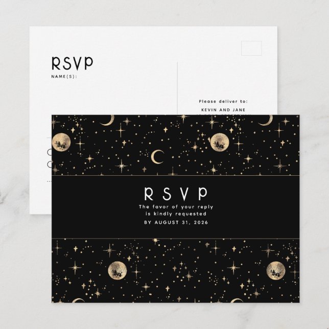 Carte Postale Nuit étoile Noir et Or Mariage RSVP (Devant / Derrière)