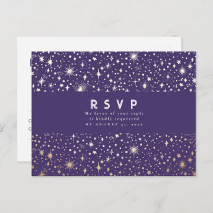 Carte Postale Nuit étoile violet et mariage d'or RSVP