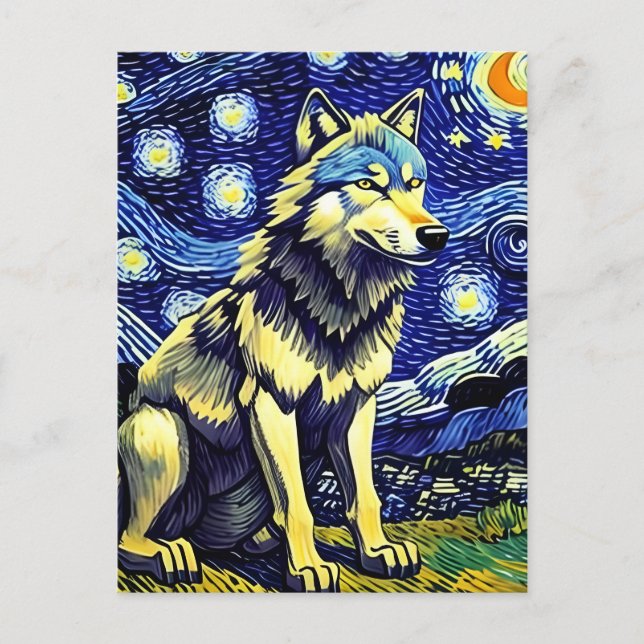 Carte Postale Nuit étoilée de loup gris (Devant)