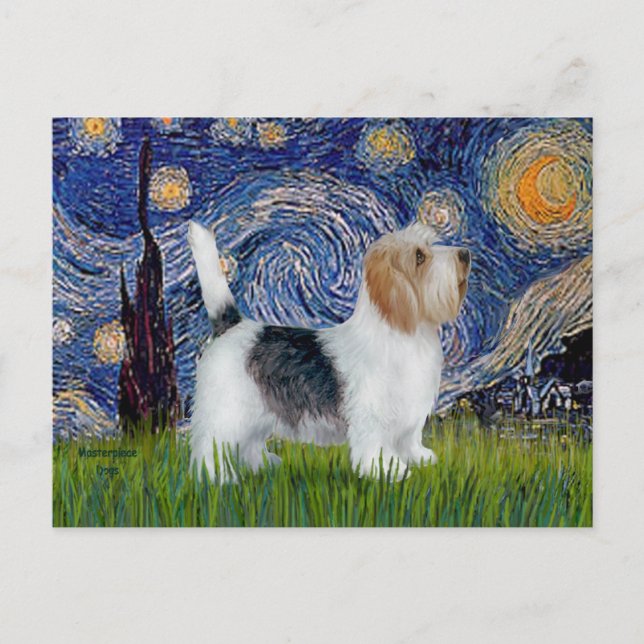 Carte Postale Nuit étoilée - Petit Basset (PBGV) (Devant)