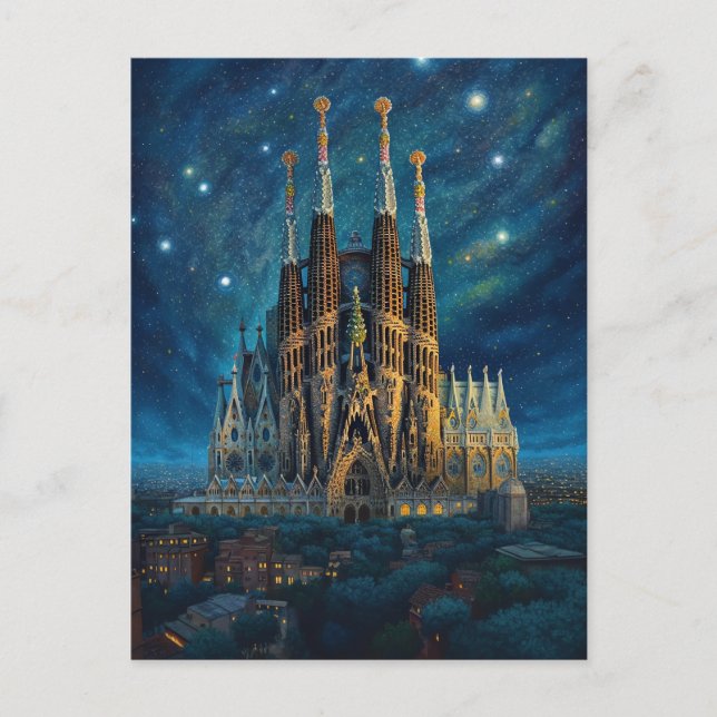 Carte Postale Nuit étoilée sur Sagrada Familia Barcelona (Devant)