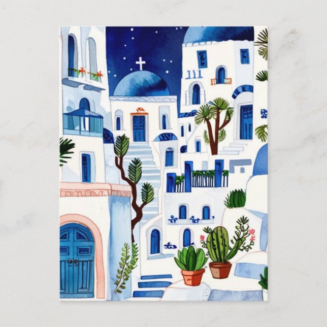 Carte Postale Nuit Santorin Grèce Aquarelle Bleu Blanc Grec (Devant)