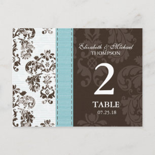 Carte Postale Numéro de la table Blue and Brown Mariage damassé