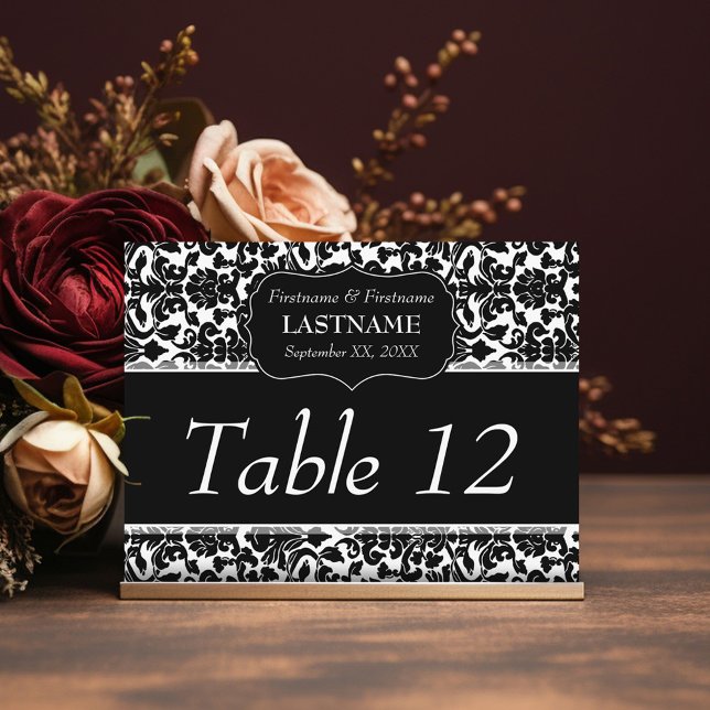 Carte Postale Numéro de la table mariage Modèle de Damas (Black Modern Wedding - Reserved table Number Sign)