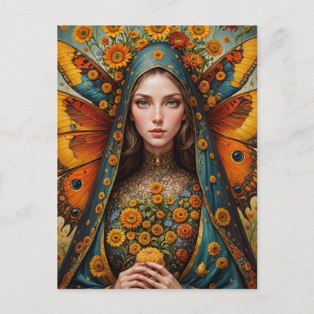 Carte Postale Nun papillon tenant une fleur jaune (Devant)