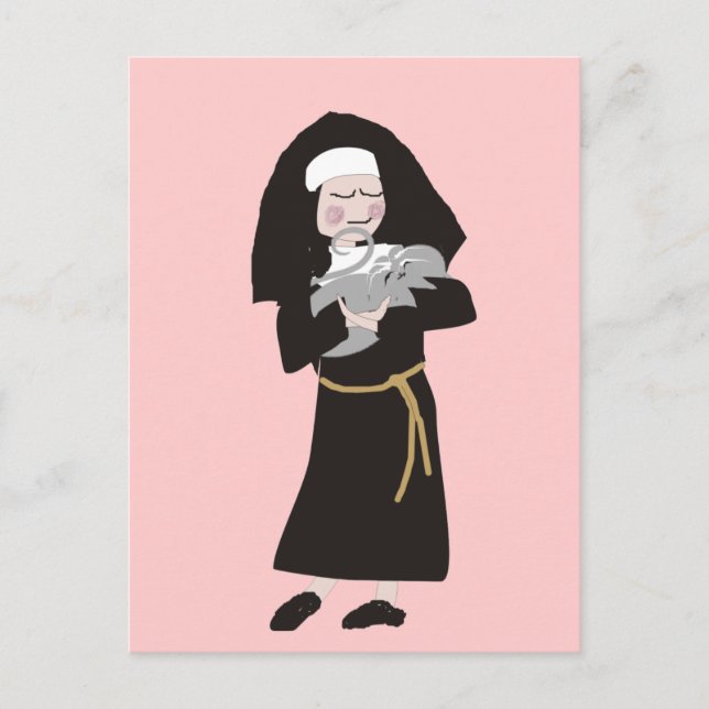 Carte Postale Nun tenant des cadeaux de chats gris (Devant)