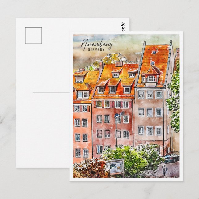 Carte Postale Nuremberg Allemagne Lieu de voyage Aquarelle (Devant / Derrière)