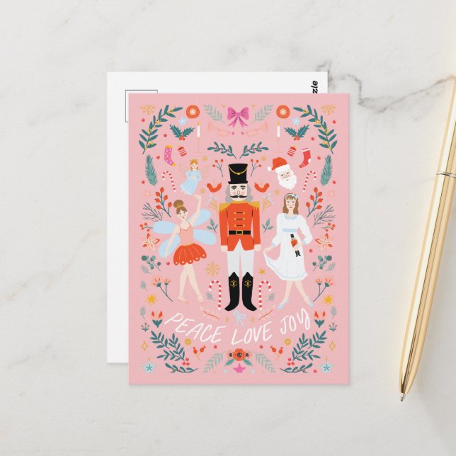 Carte Postale Nutcracker Peach Peace Love Christmas Postcard (Devant/Arrière en situation)