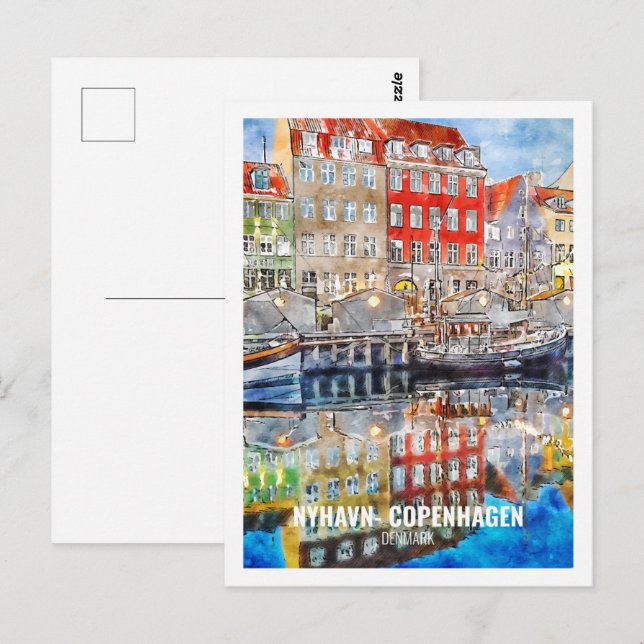 Carte Postale Nyhavn Copenhagen Danemark Voyage Aquarelle Sketch (Devant / Derrière)