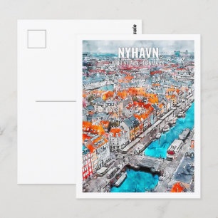 Carte Postale Nyhavn Kobenhavn Danemark Lieu de voyage aquarelle