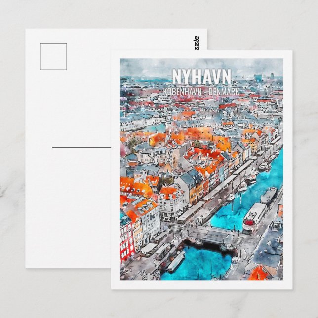 Carte Postale Nyhavn Kobenhavn Danemark Lieu de voyage aquarelle (Devant / Derrière)