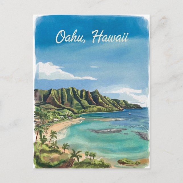 Carte Postale Oahu Hawaii Beach aquarelle peinture (Devant)