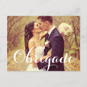 Carte Postale Obrigado Elegant White Script Mariage Photo