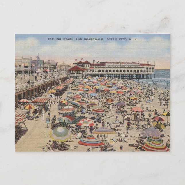Carte Postale Ocean City NJ Baignade plage et promenade 1939 (Devant)